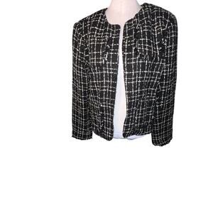 George Womens Sz 16 Tweed F Fringe Blazer Black/White Check Hook Eye 4Pocket NEW